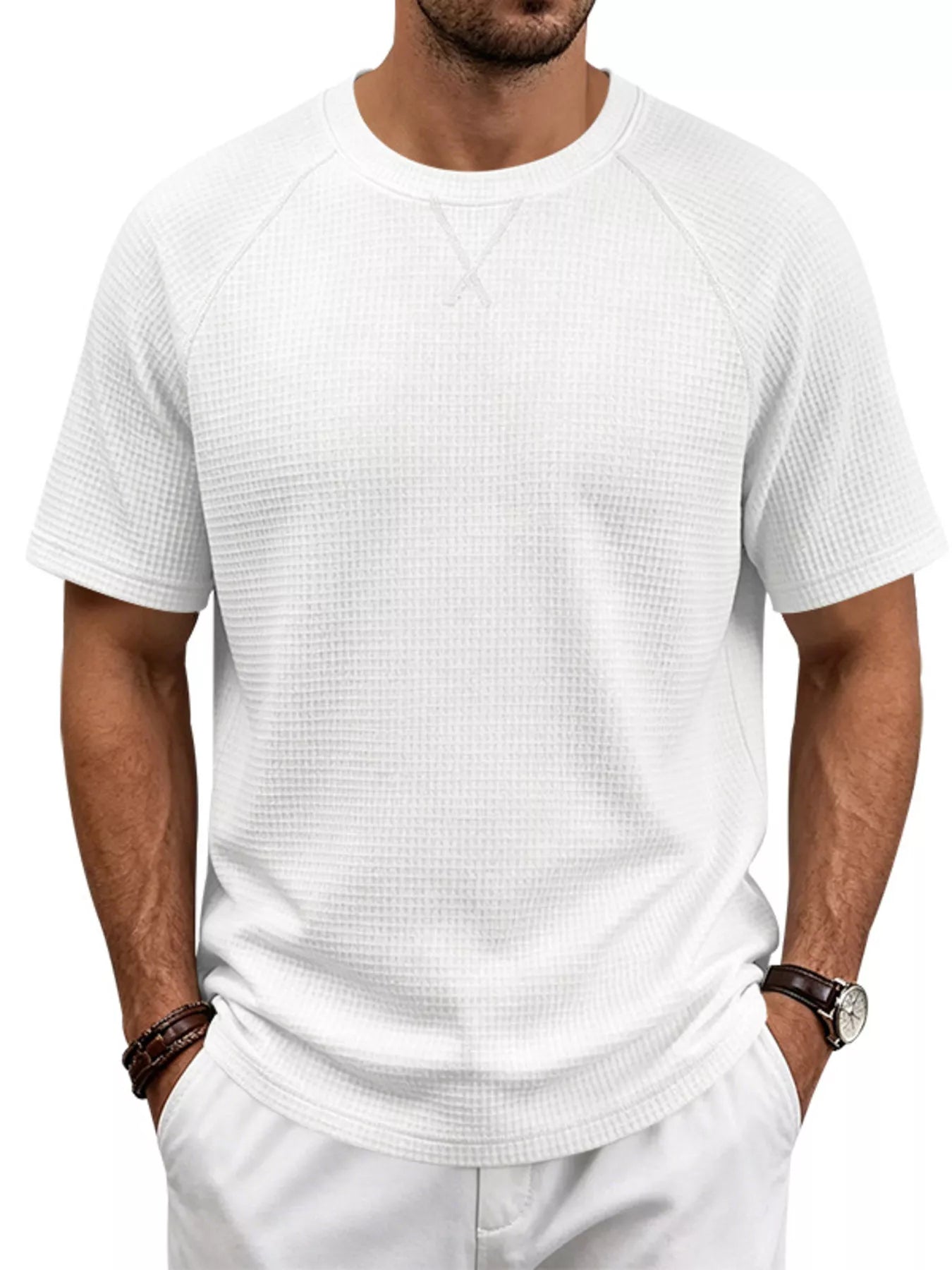 Men's plus size waffle knit t-shirt casual men's outfit