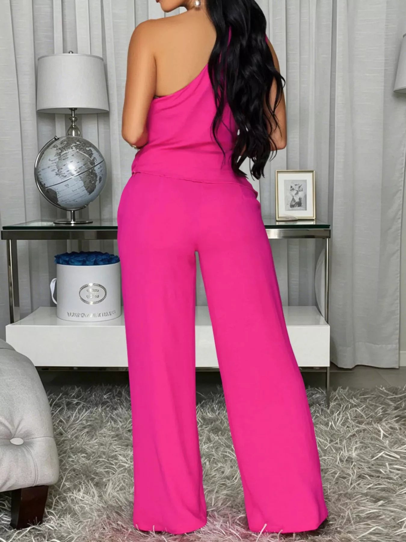 One shoulder top and wide leg pants set party outfit
