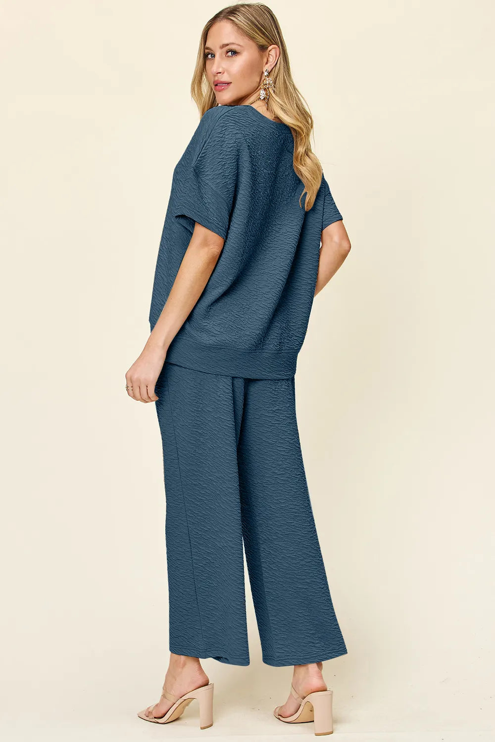 Textured short sleeve top and pants set two piece outfit