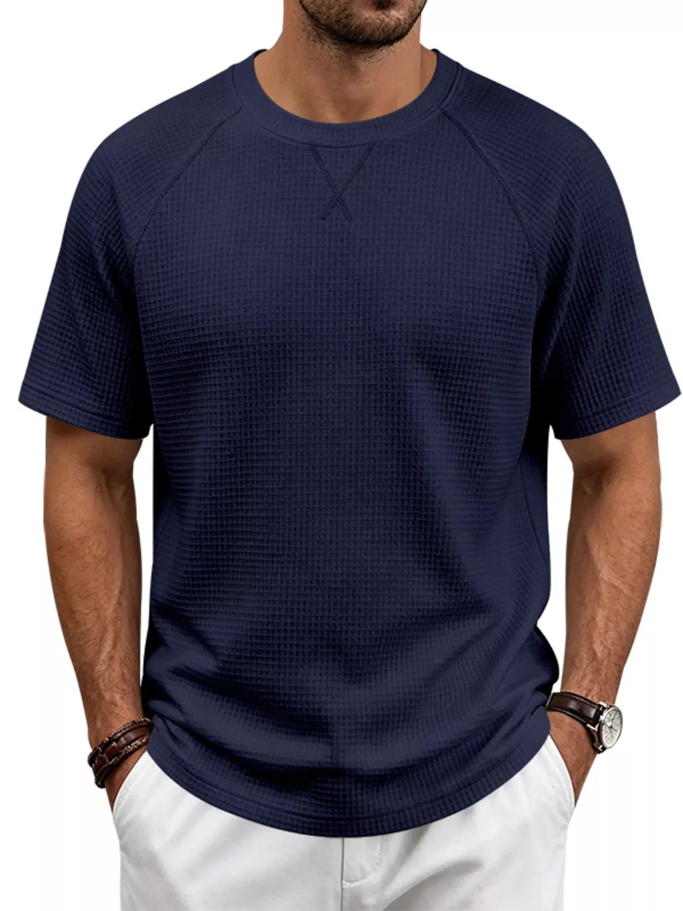 Men's plus size waffle knit t-shirt raglan sleeves