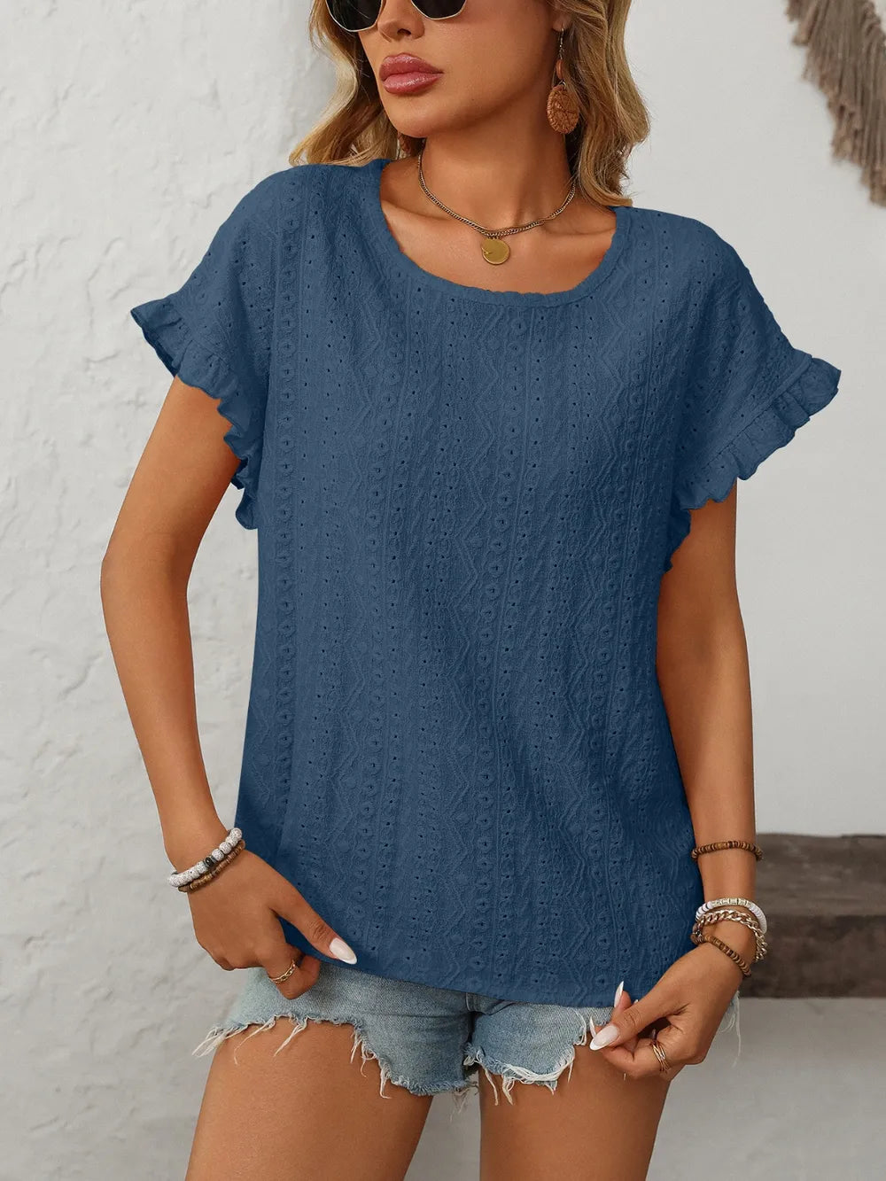Eyelet short sleeve top stylish women's outfit