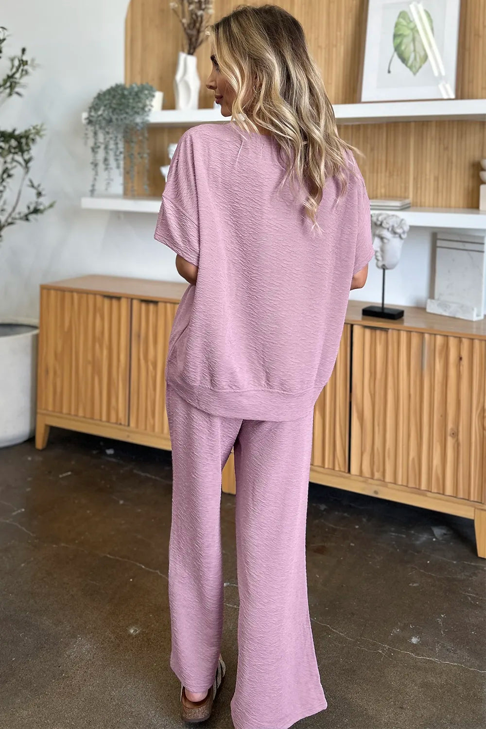 Textured short sleeve top and pants set wide leg pants
