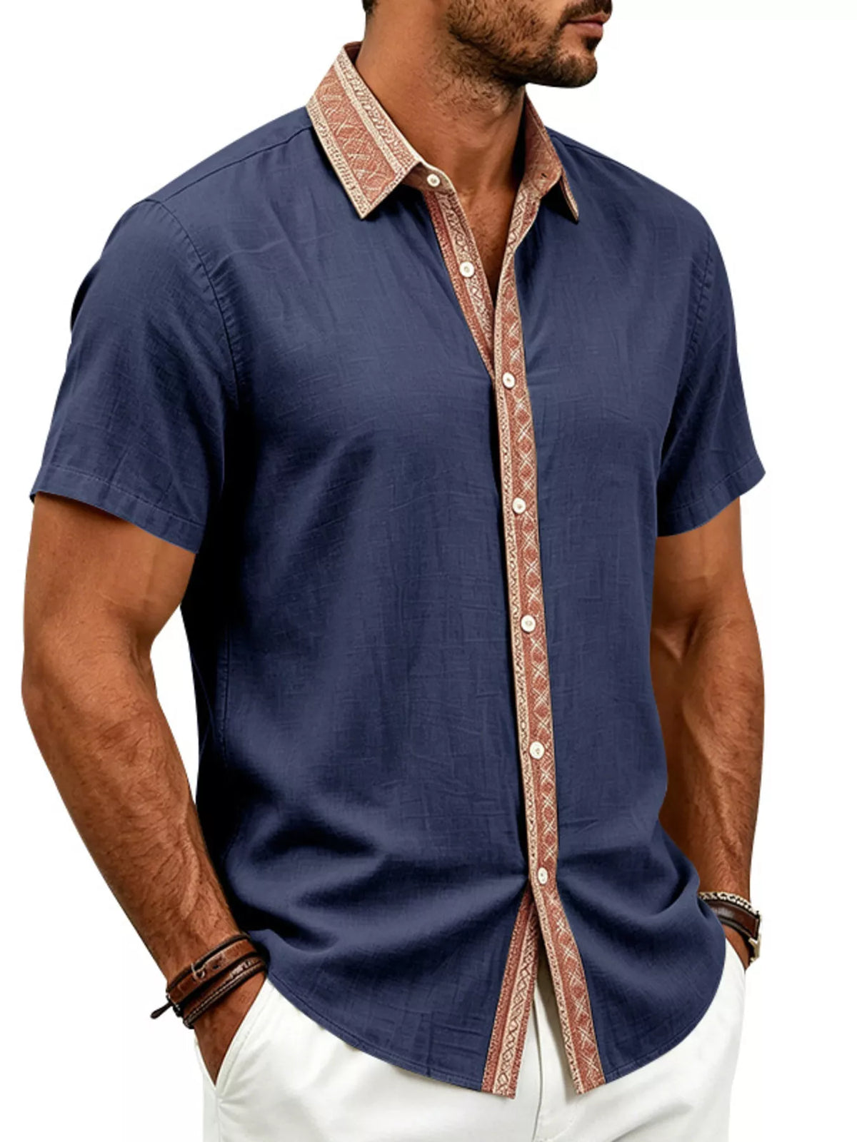 Men's plus size short sleeve linen shirt relaxed fit