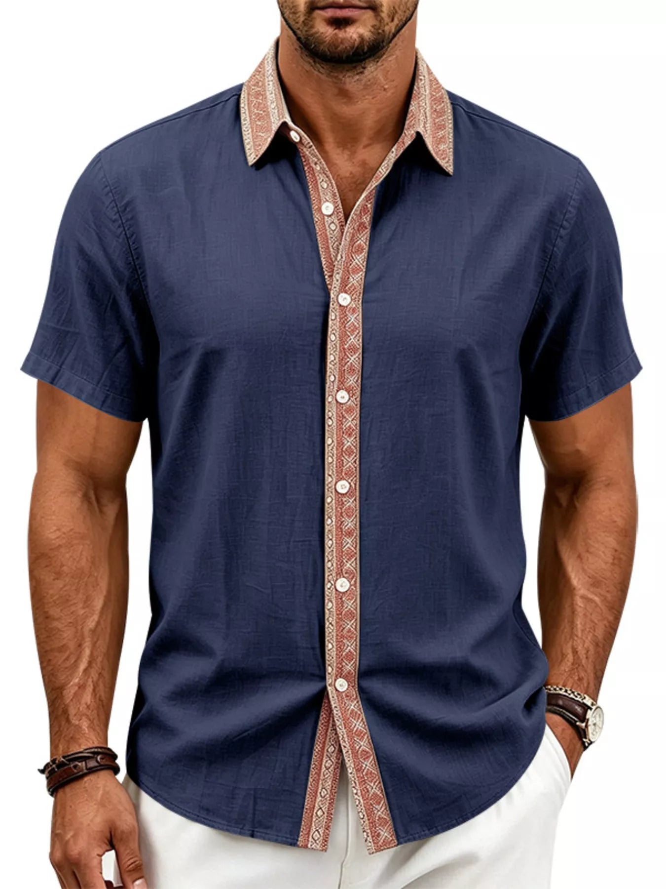 Men's plus size short sleeve linen shirt cotton blend