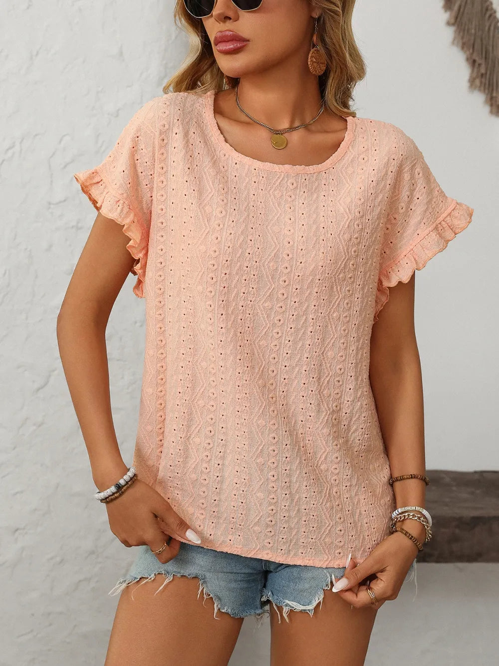 Eyelet short sleeve top round neckline