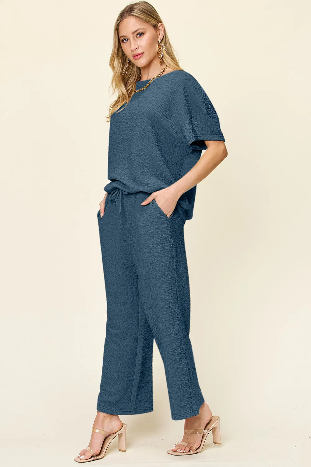 Textured short sleeve top and pants set comfortable fit