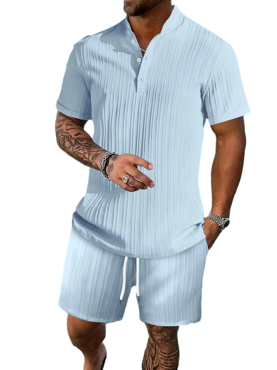 Men's plus size button detail top and shorts set short sleeve