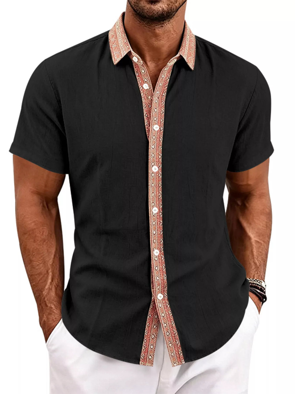 Men's plus size short sleeve linen shirt breathable fabric