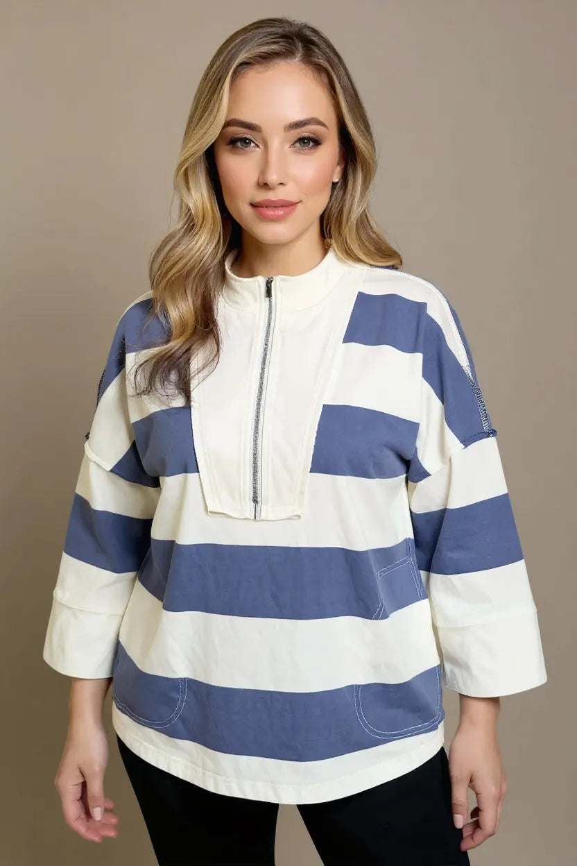 Pima cotton half zip mock neck top