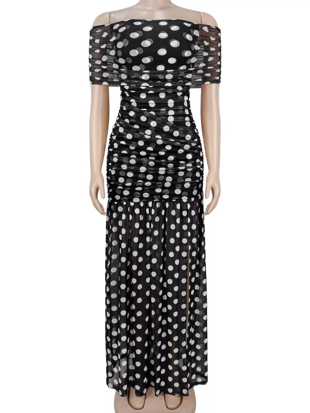 Polka dot off shoulder maxi dress ruched bodice