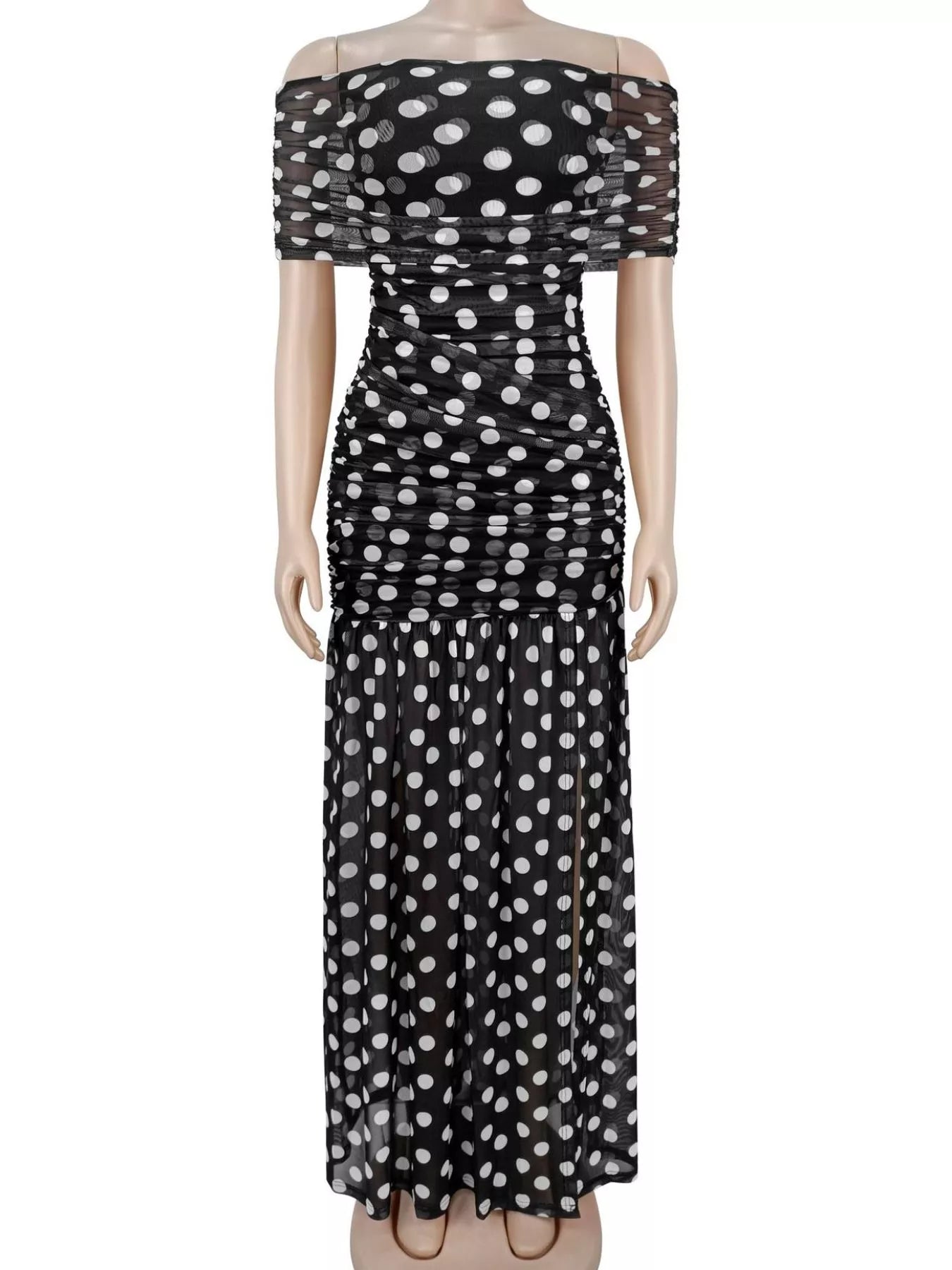 Polka dot off shoulder maxi dress ruched bodice
