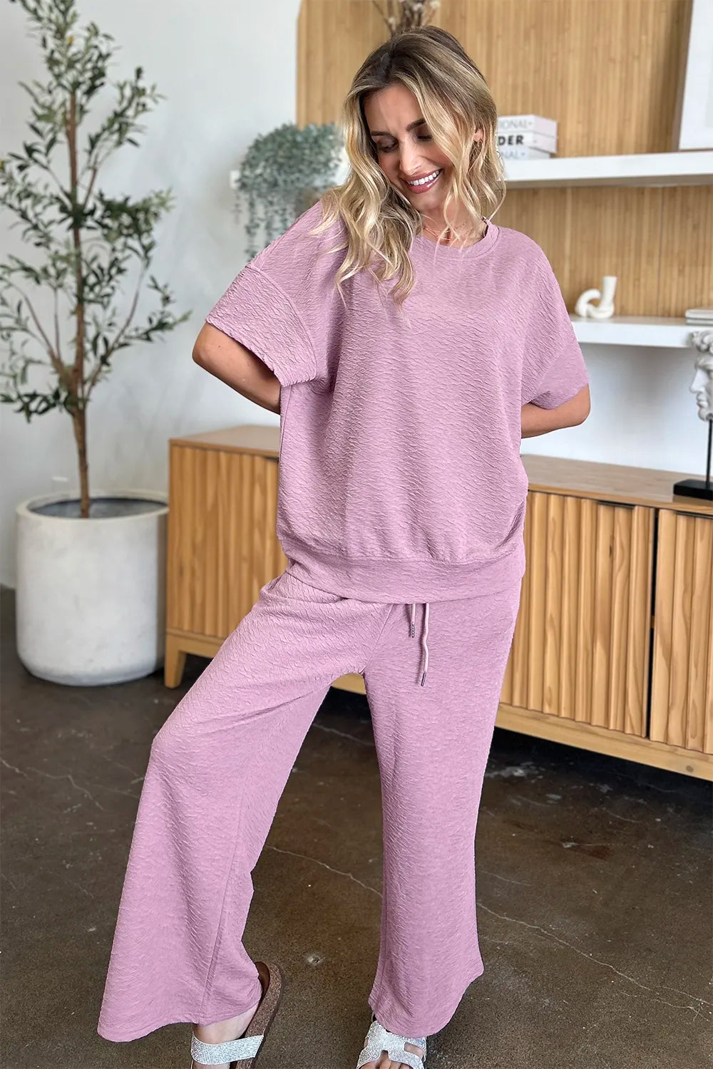 Textured short sleeve top and pants set relaxed fit