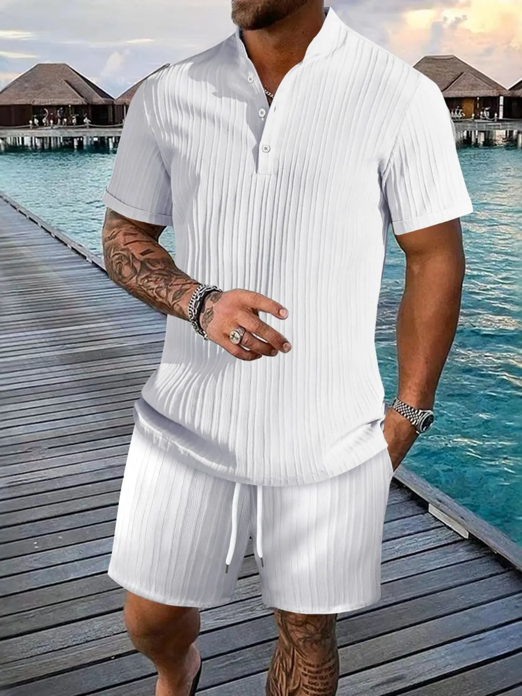 Men's plus size button detail top and shorts set