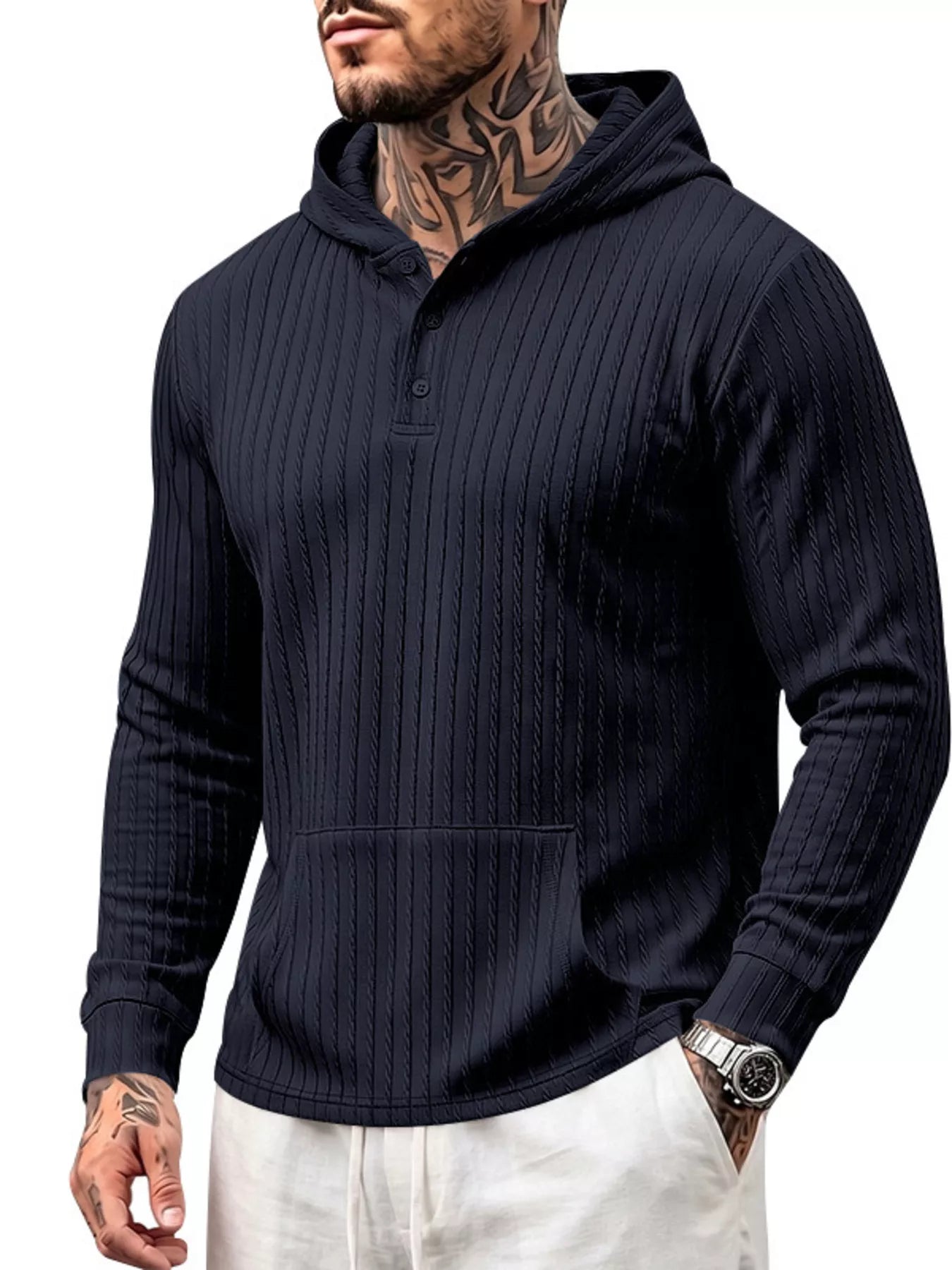 Men's plus size knit hoodie hood detail