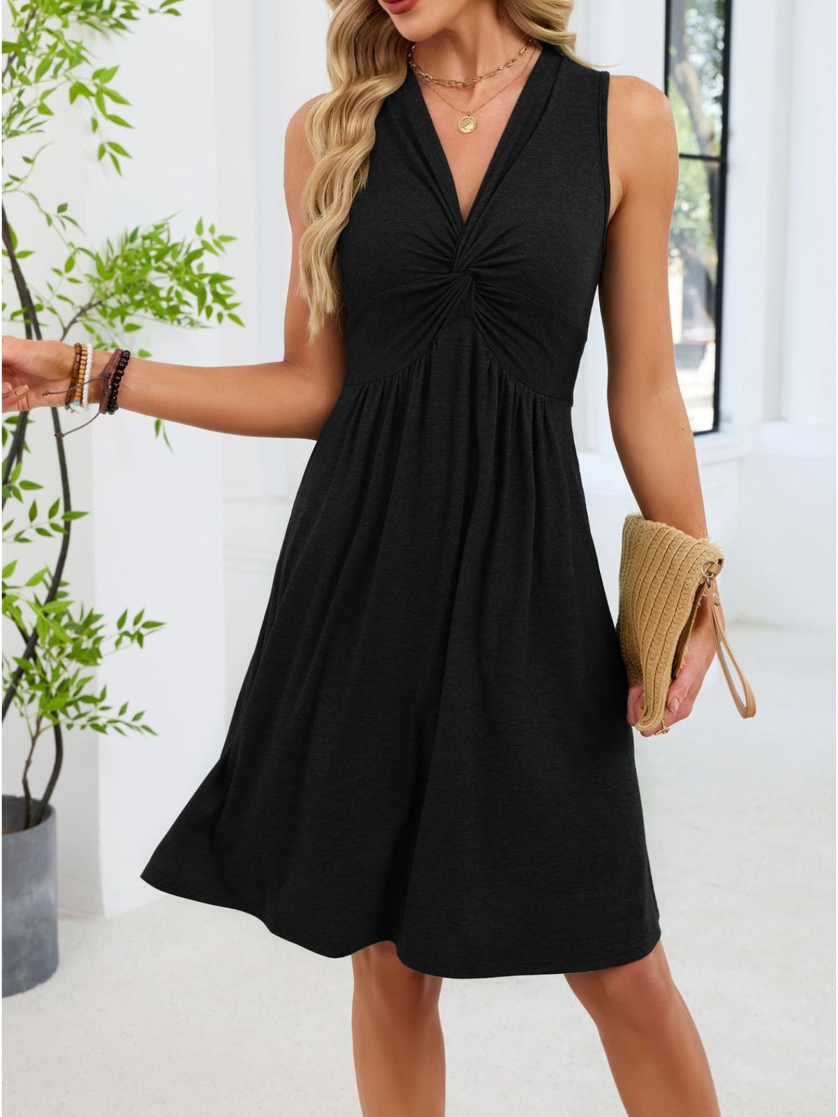 Sleeveless twist knot dress full outfit