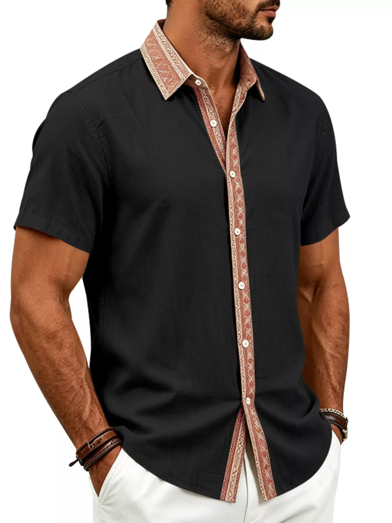 Men's plus size short sleeve linen shirt button front