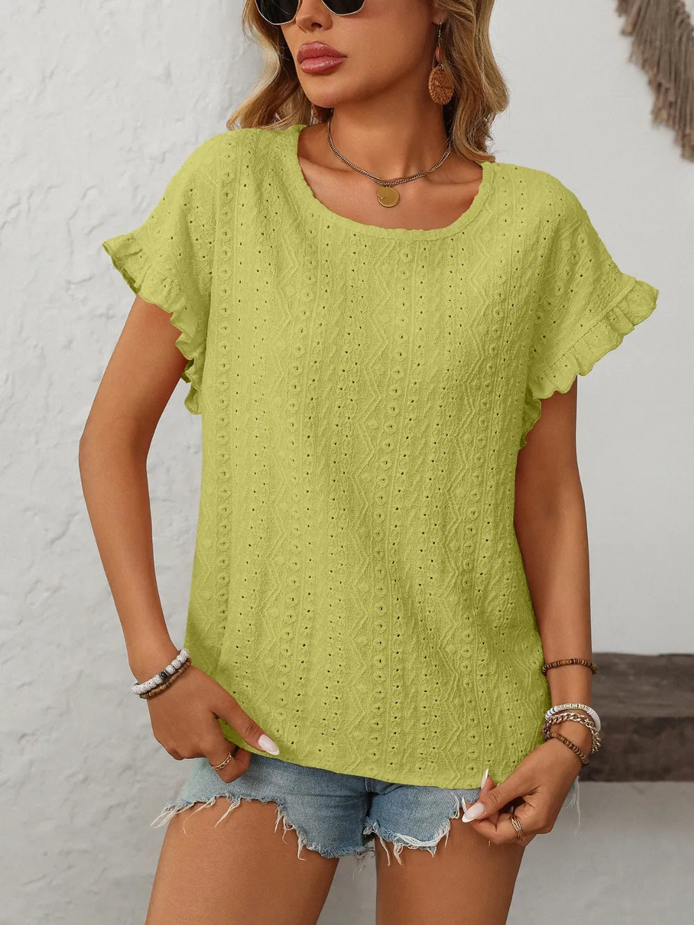 Eyelet short sleeve top modern women's style