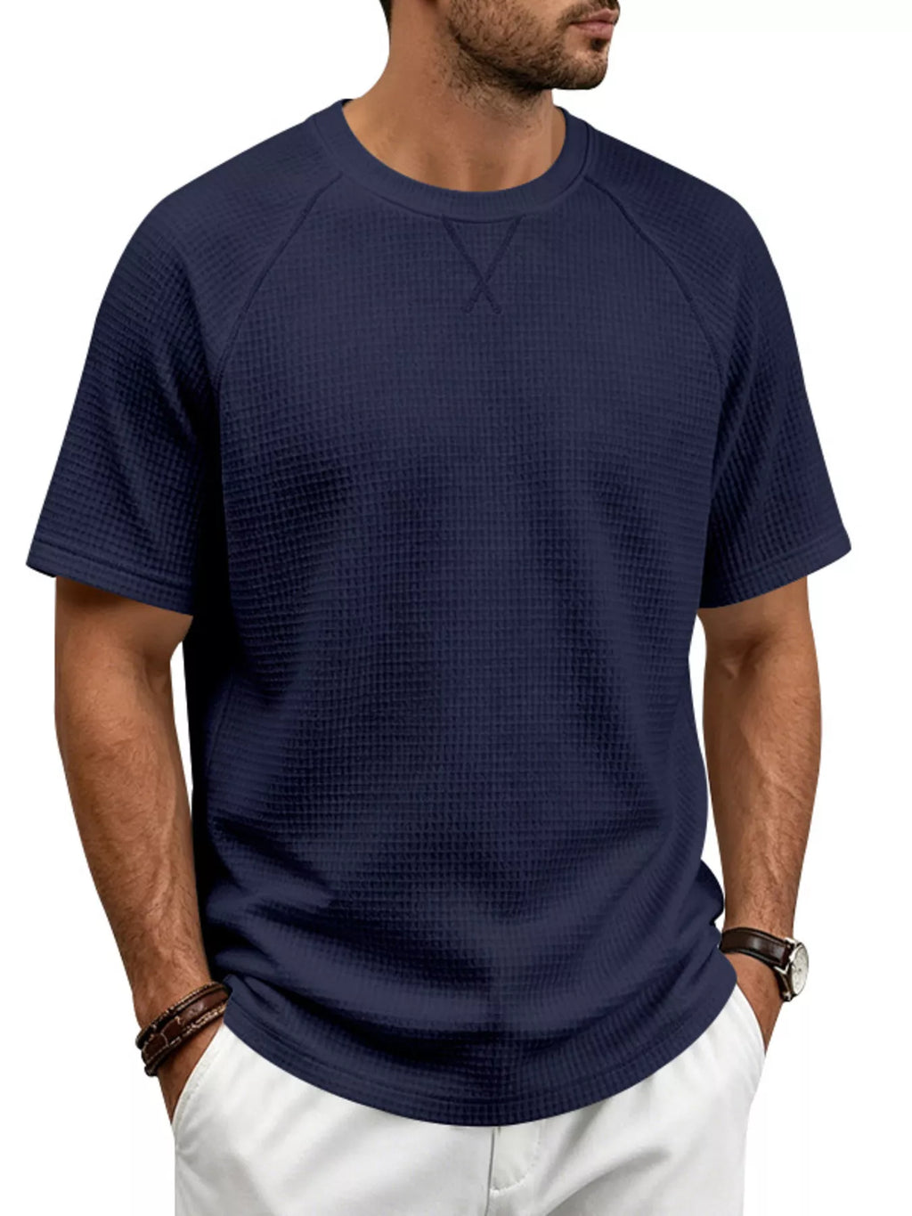 Men's plus size waffle knit t-shirt short sleeve design