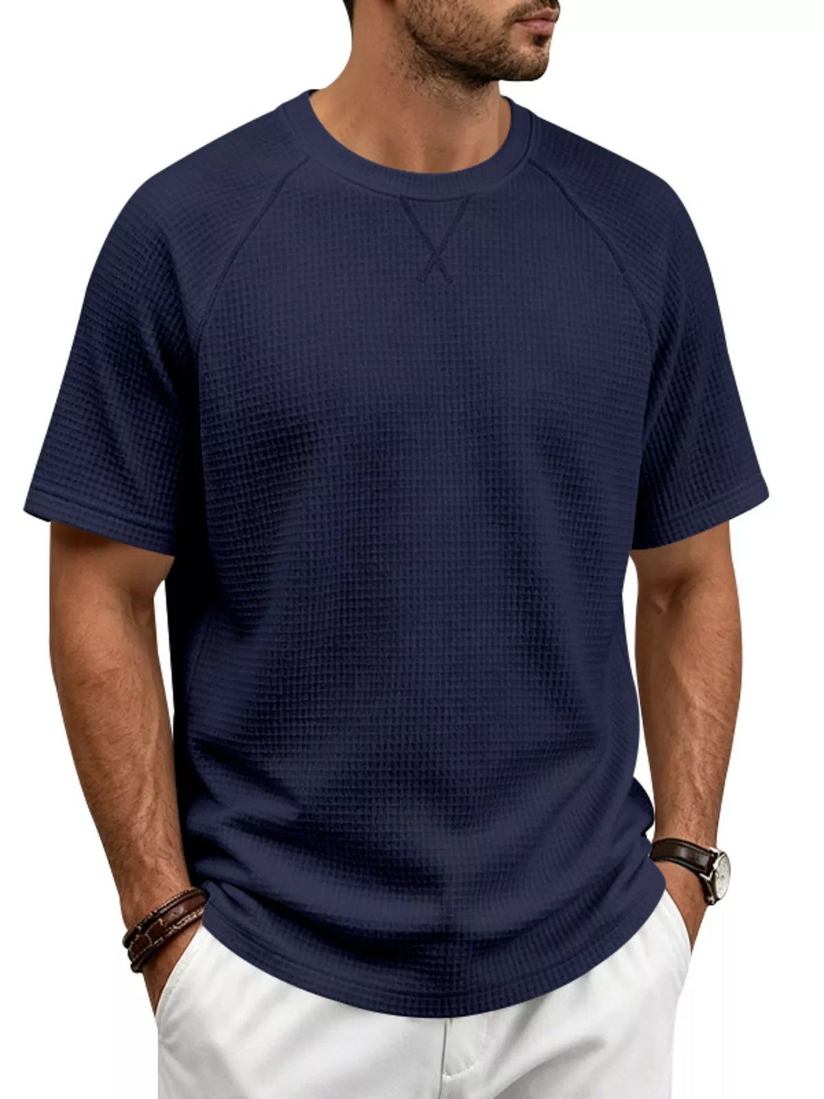 Men's plus size waffle knit t-shirt short sleeve design