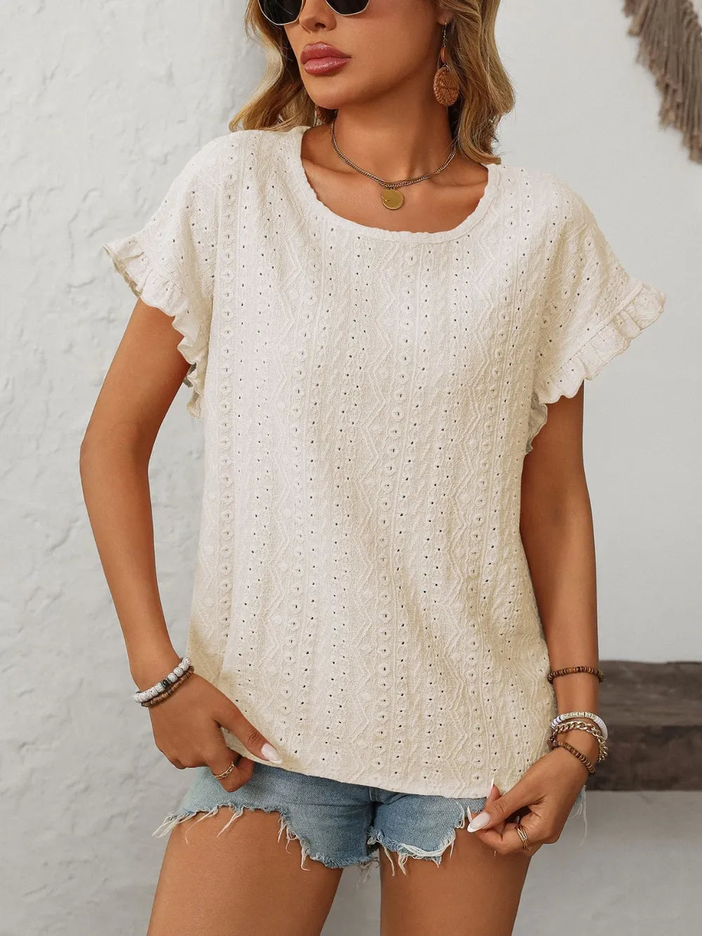 Eyelet short sleeve top breathable design