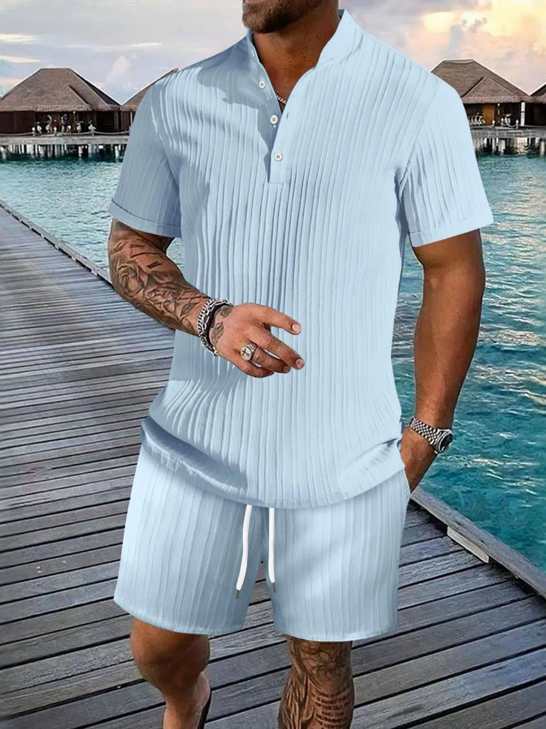 Men's plus size button detail top and shorts set matching outfit