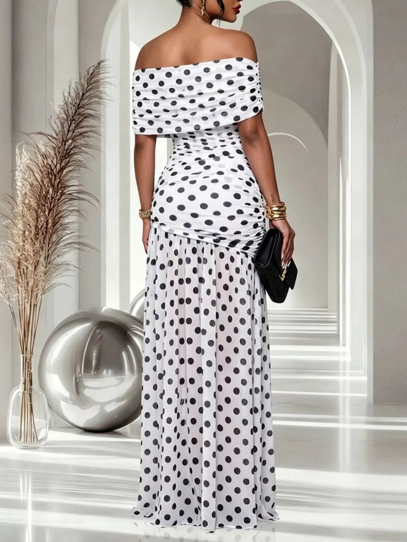 Polka dot off shoulder maxi dress elegant outfit