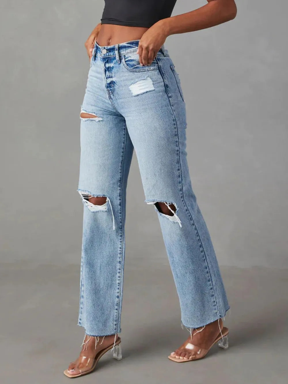 Distressed straight leg jeans front view