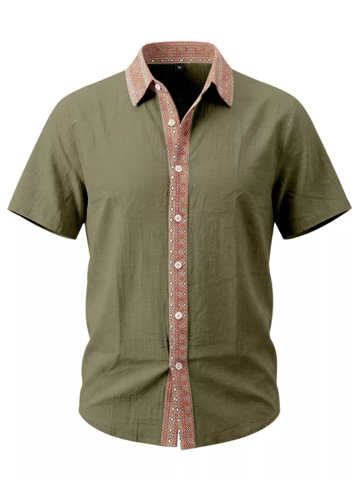 Men's plus size short sleeve linen shirt collar detail