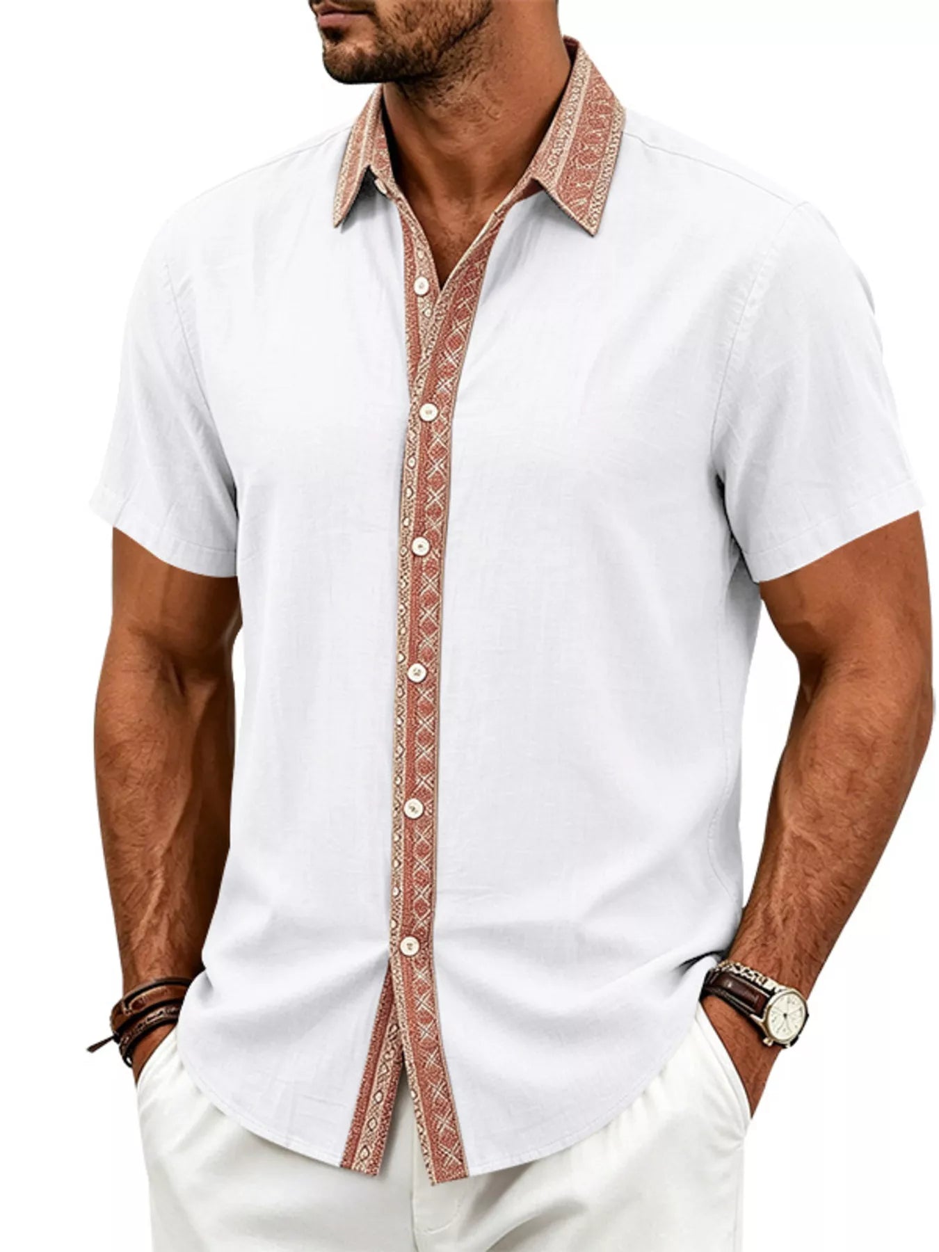 Men's plus size short sleeve linen shirt summer outfit