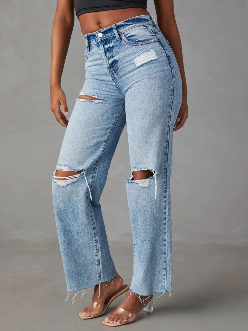 Distressed straight leg jeans high waist