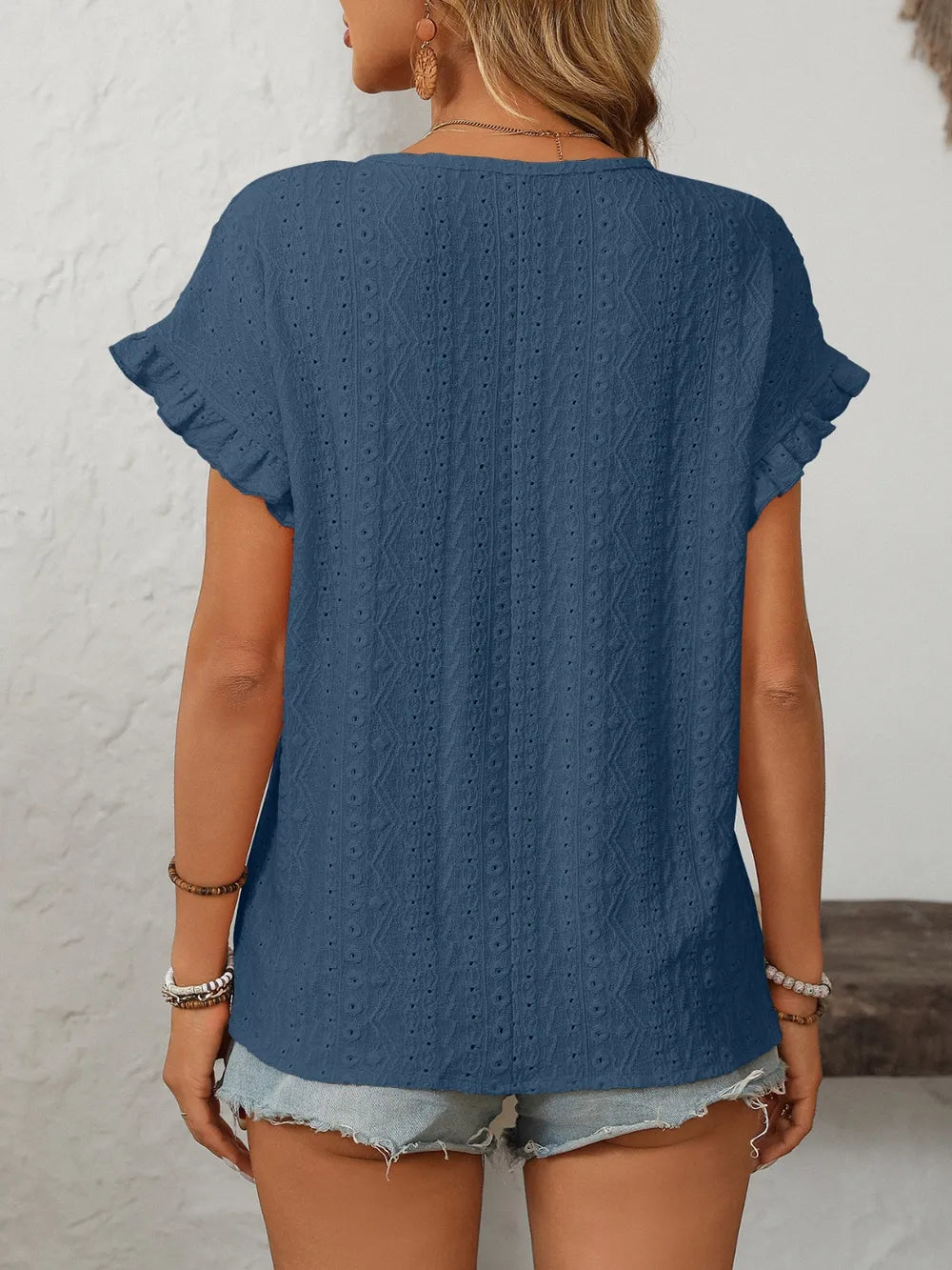 Eyelet short sleeve top breathable summer clothing