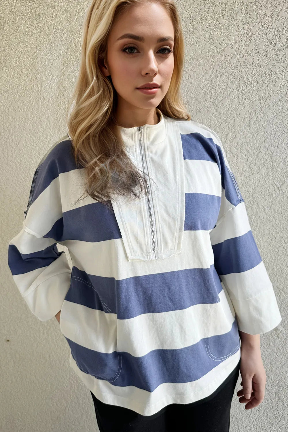 Pima cotton half zip mock neck top striped design