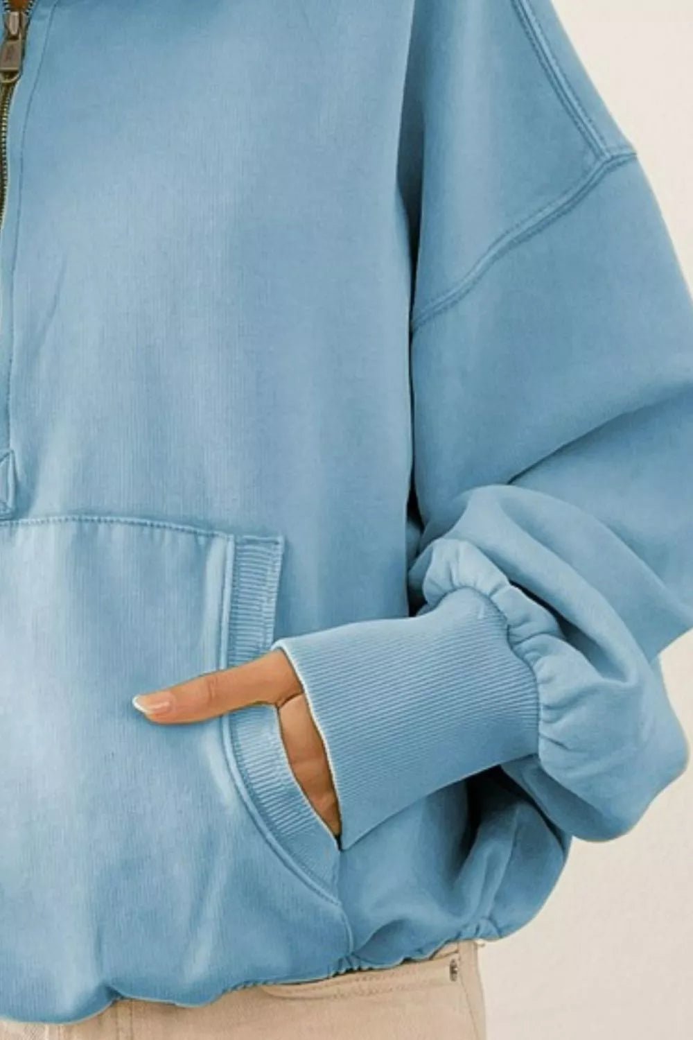 BiBi Stitch Detailed Elastic Hem Half Zip Fleece Hoodie - ELC Fashion