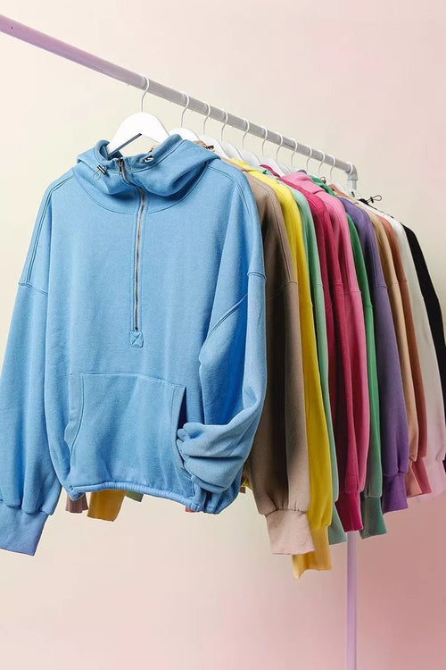BiBi Stitch Detailed Elastic Hem Half Zip Fleece Hoodie - ELC Fashion