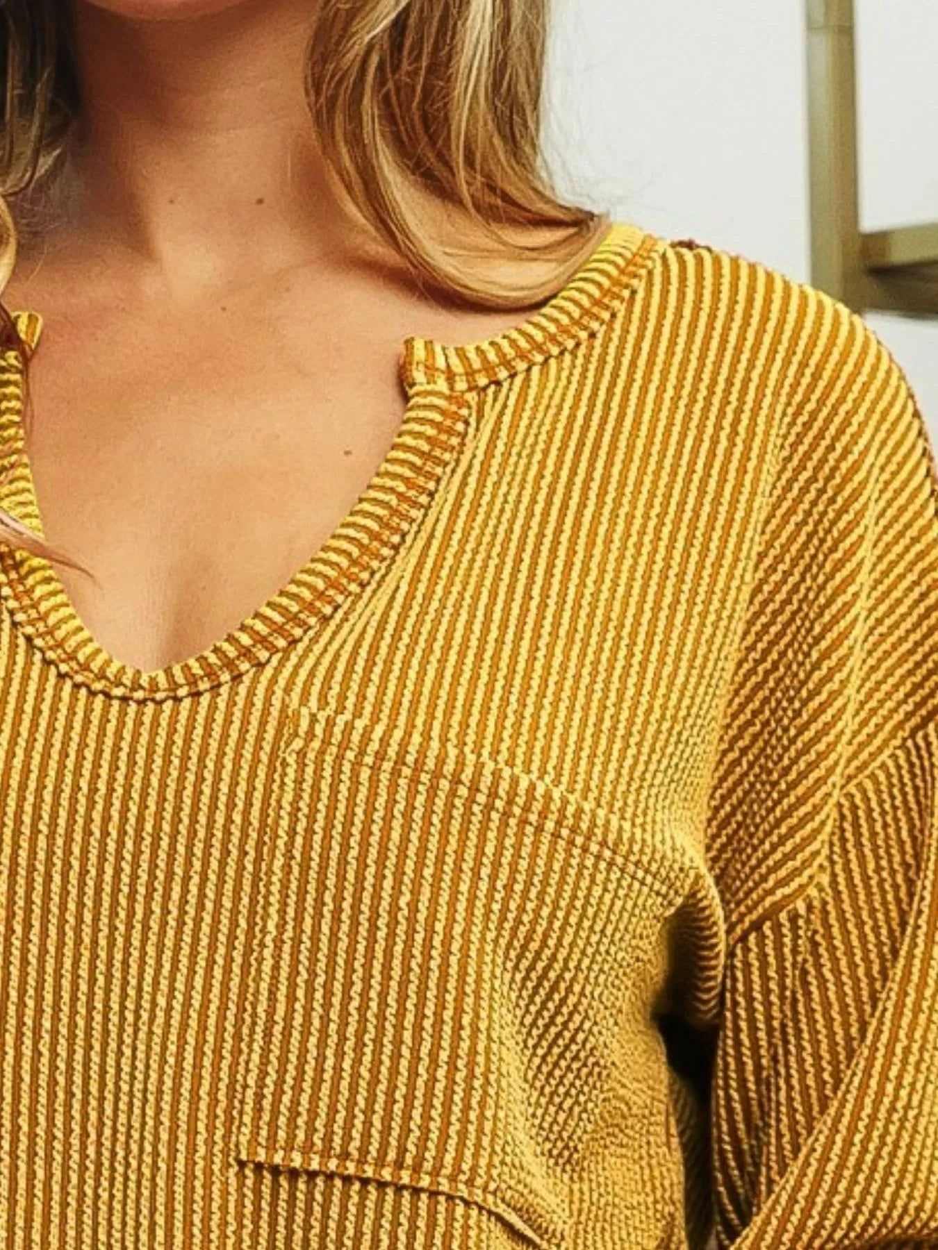 BiBi Wavy Two Tone Rib Notch Neck Patch Pocket Top - ELC Fashion