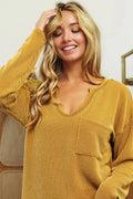 BiBi Wavy Two Tone Rib Notch Neck Patch Pocket Top - ELC Fashion