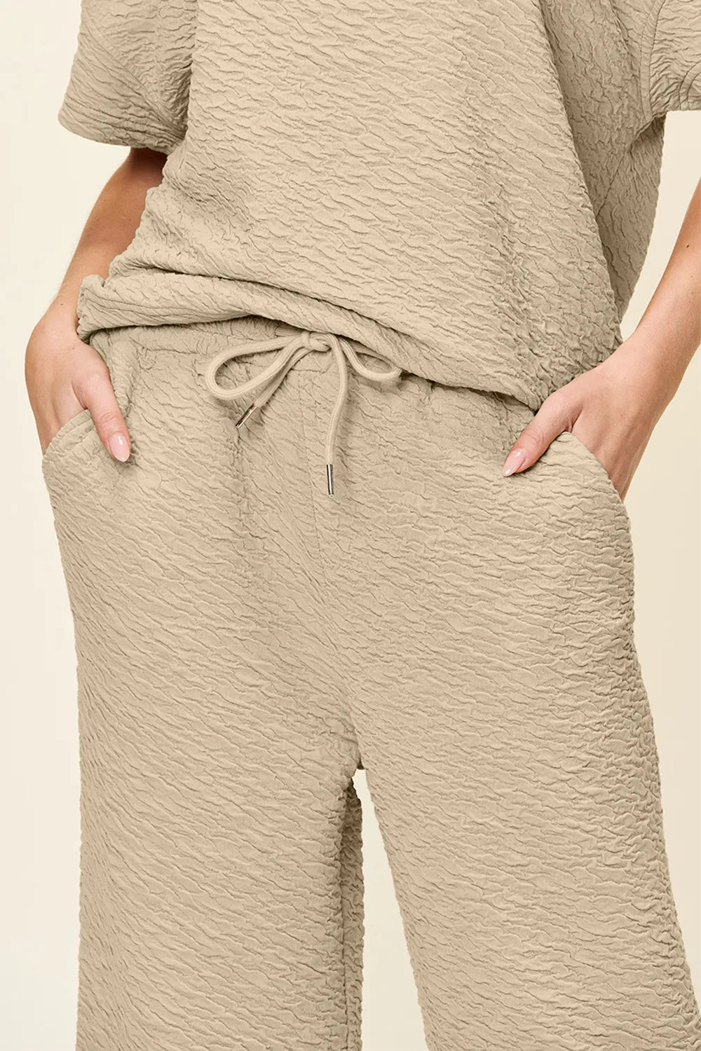 Textured short sleeve top and pants set wide leg trousers