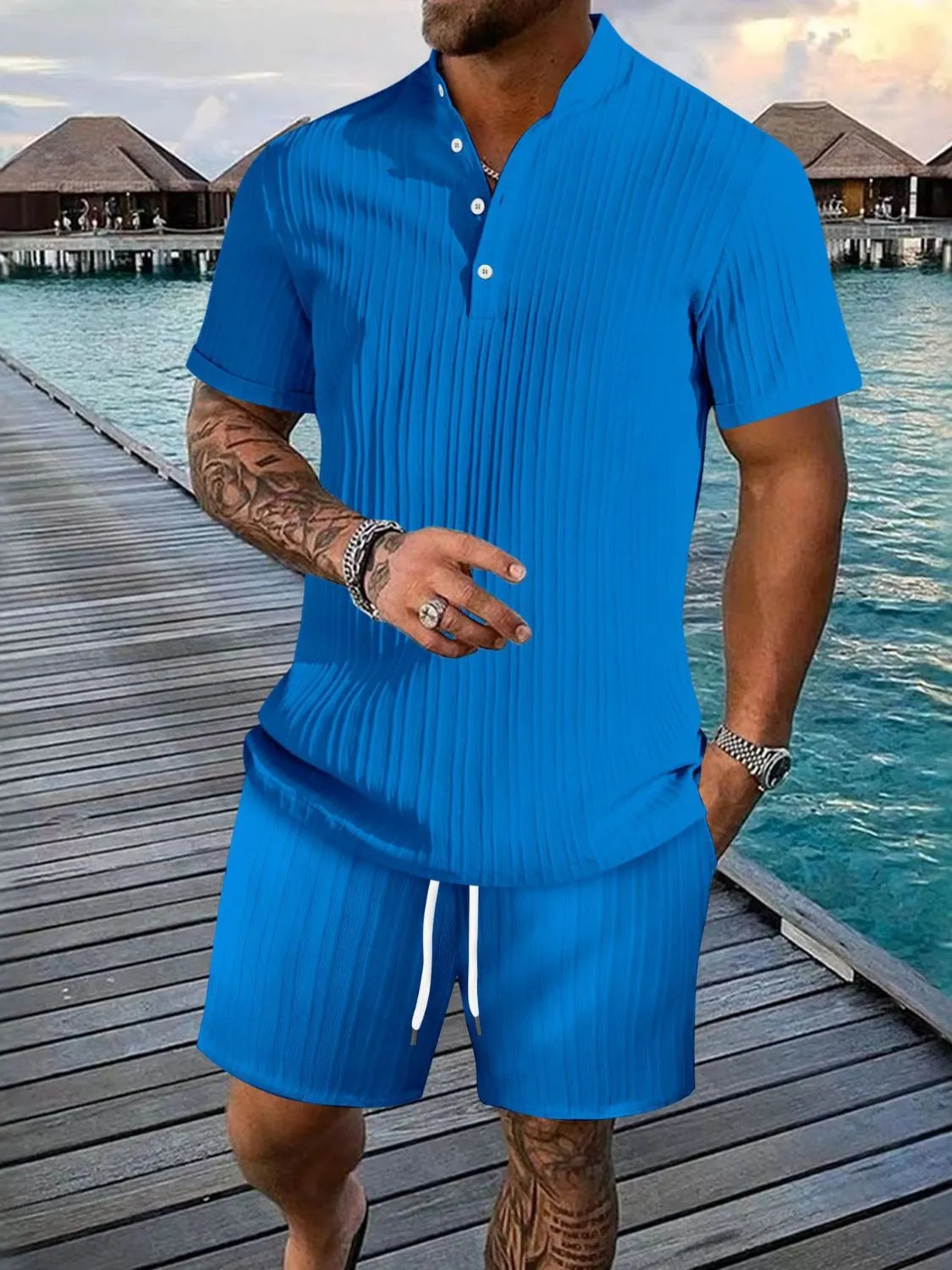 Men's plus size button detail top and shorts set front view