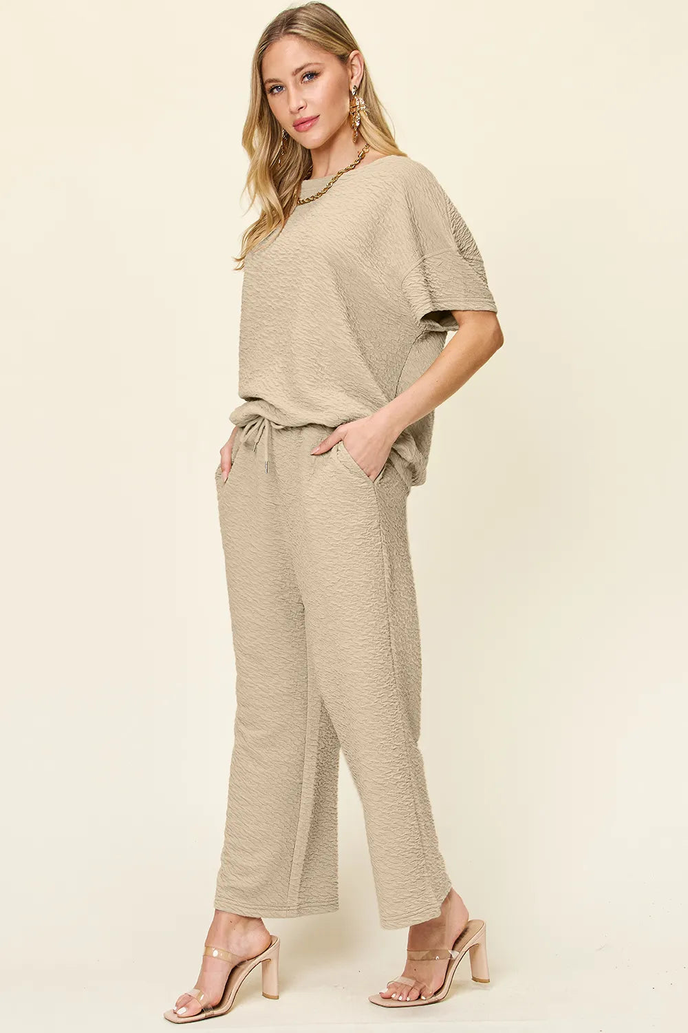Textured short sleeve top and pants set front view