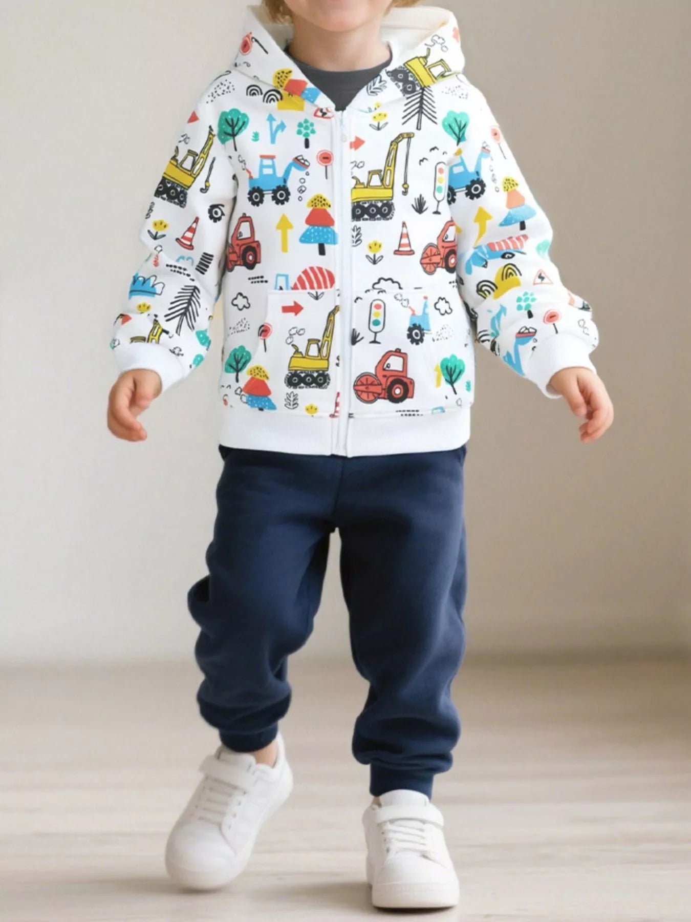 Children's Cartoon Construction Vehicle Print Zip - Up Jacket - ELC Fashion