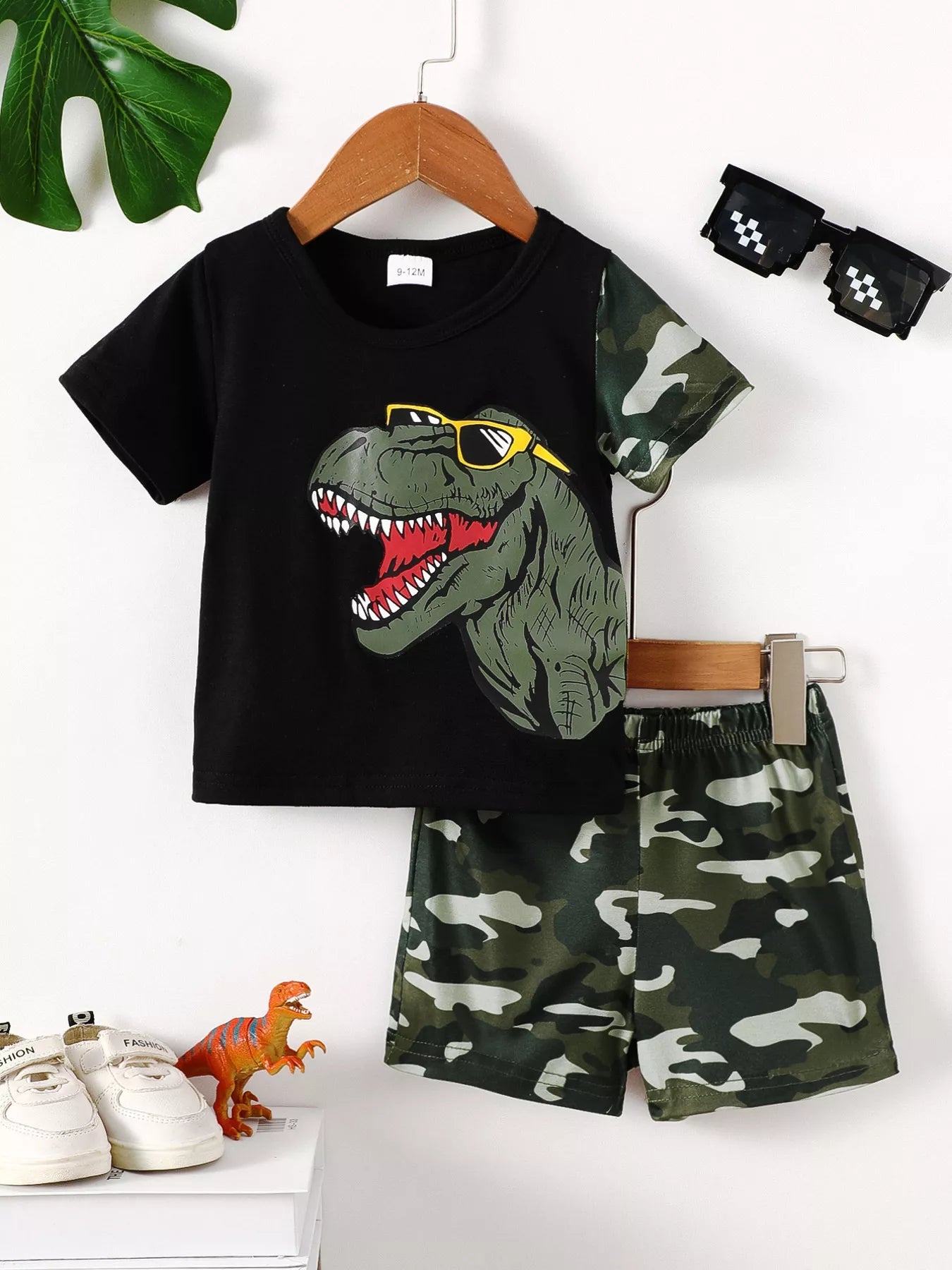 Children's Dinosaur Round Neck Tee and Camo Shorts Set - ELC Fashion
