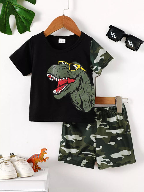 Children's Dinosaur Round Neck Tee and Camo Shorts Set - ELC Fashion