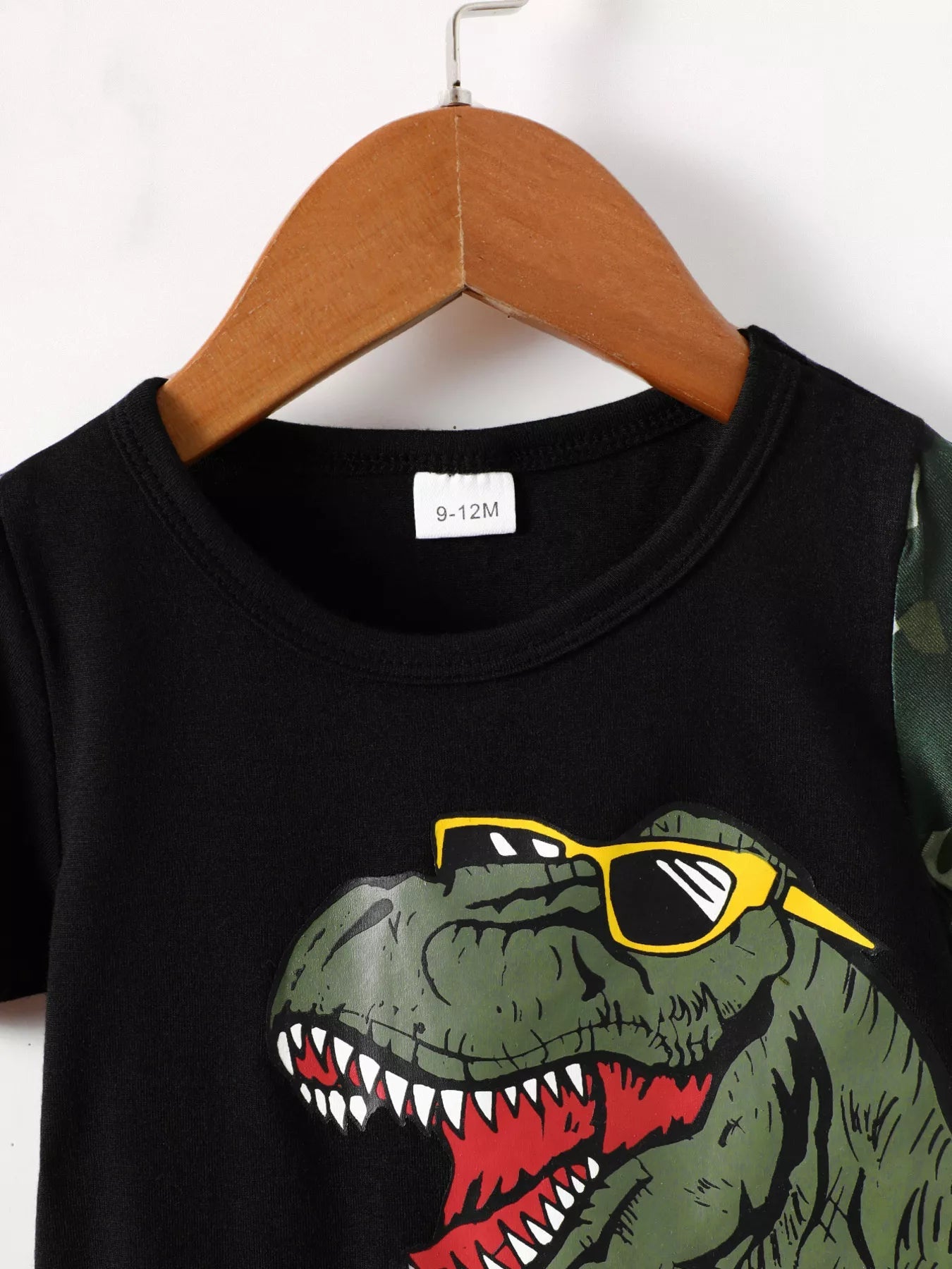 Children's Dinosaur Round Neck Tee and Camo Shorts Set - ELC Fashion