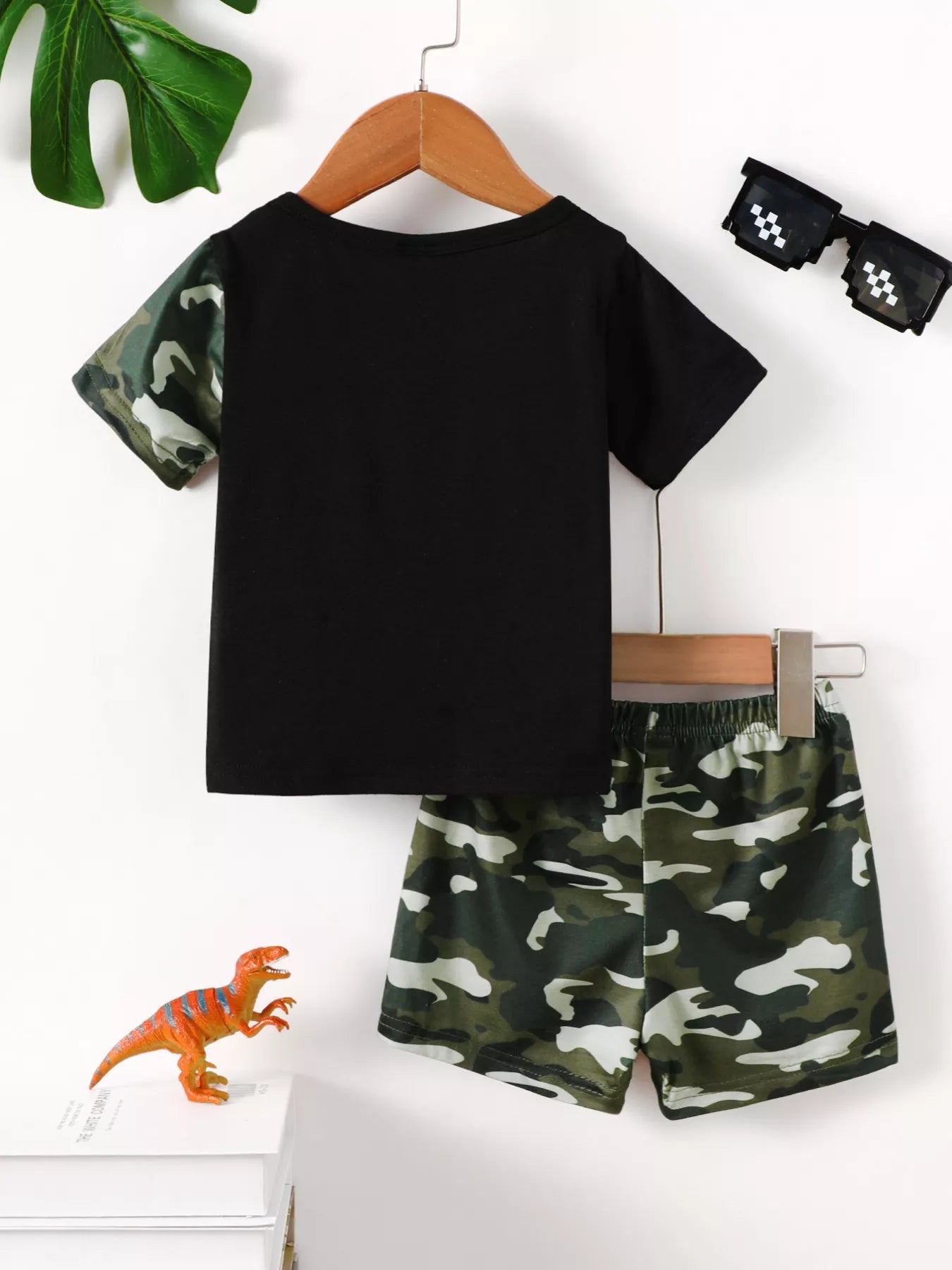 Children's Dinosaur Round Neck Tee and Camo Shorts Set - ELC Fashion