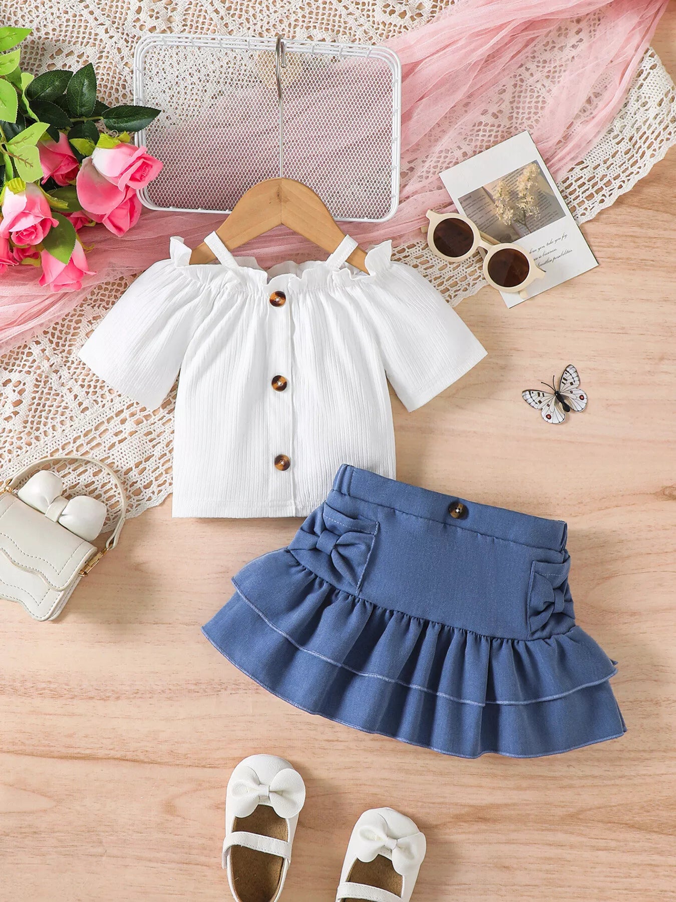 Children's Off - Shoulder Top and Ruffled Denim Skirt Set - ELC Fashion