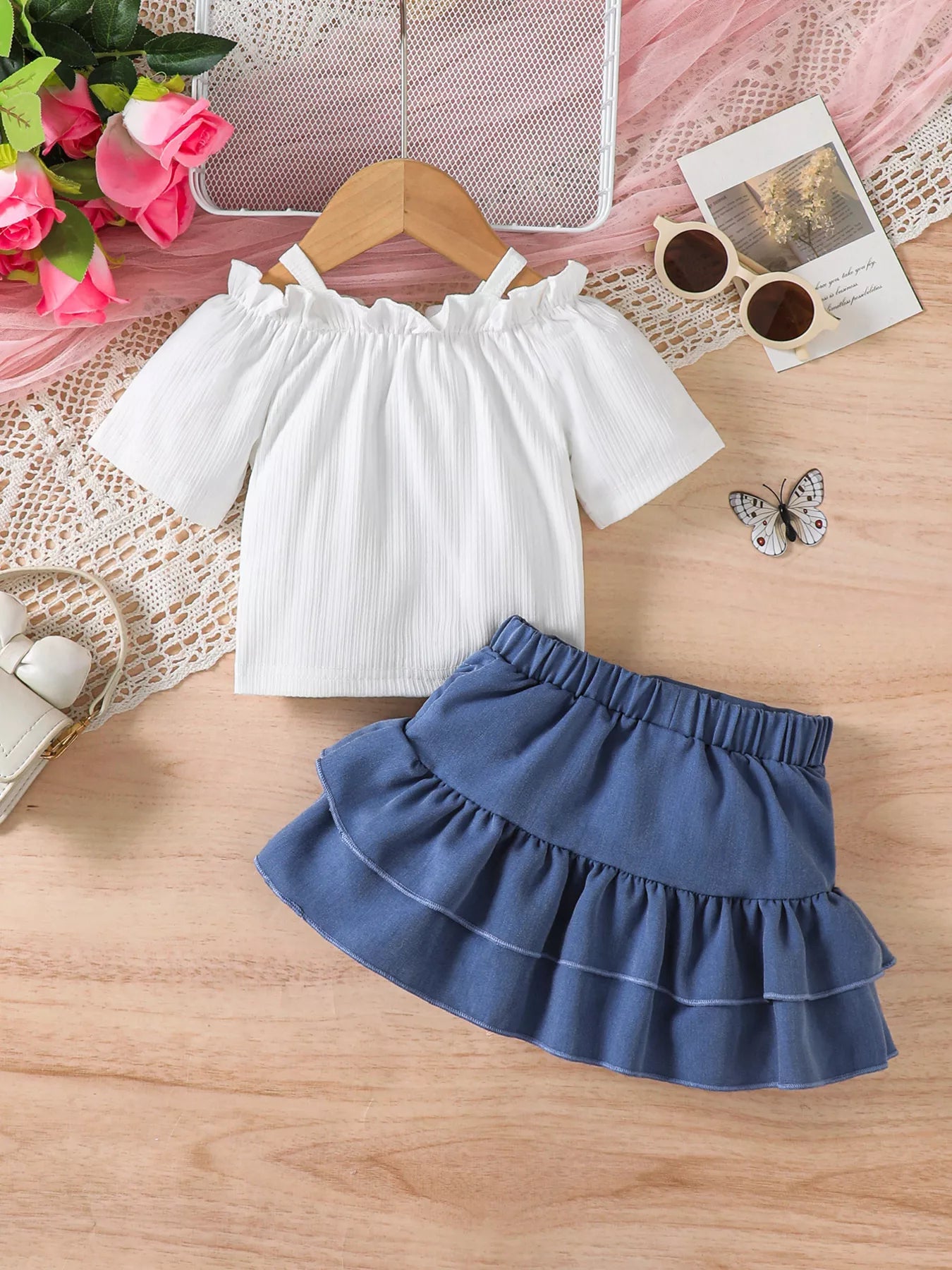 Children's Off - Shoulder Top and Ruffled Denim Skirt Set - ELC Fashion