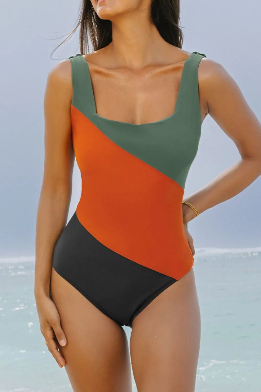 Color Block Padded Square Neck One Piece Swimsuit - ELC Fashion