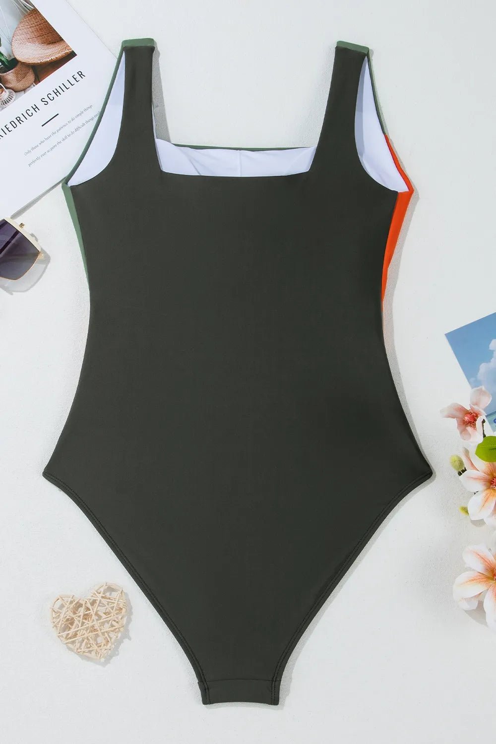 Color Block Padded Square Neck One Piece Swimsuit - ELC Fashion