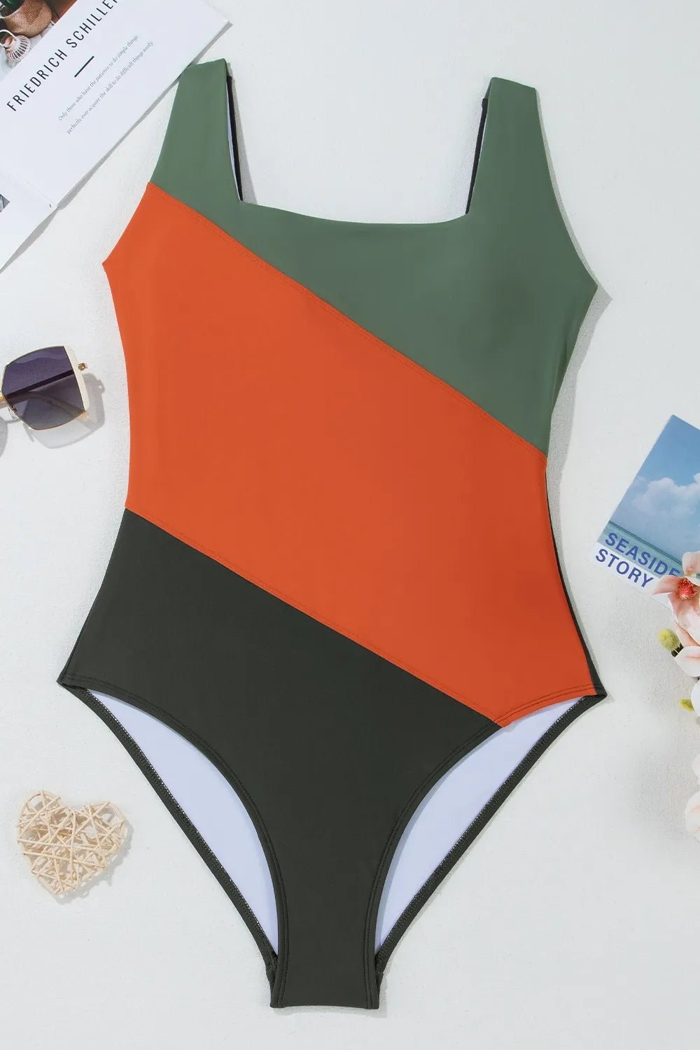 Color Block Padded Square Neck One Piece Swimsuit - ELC Fashion