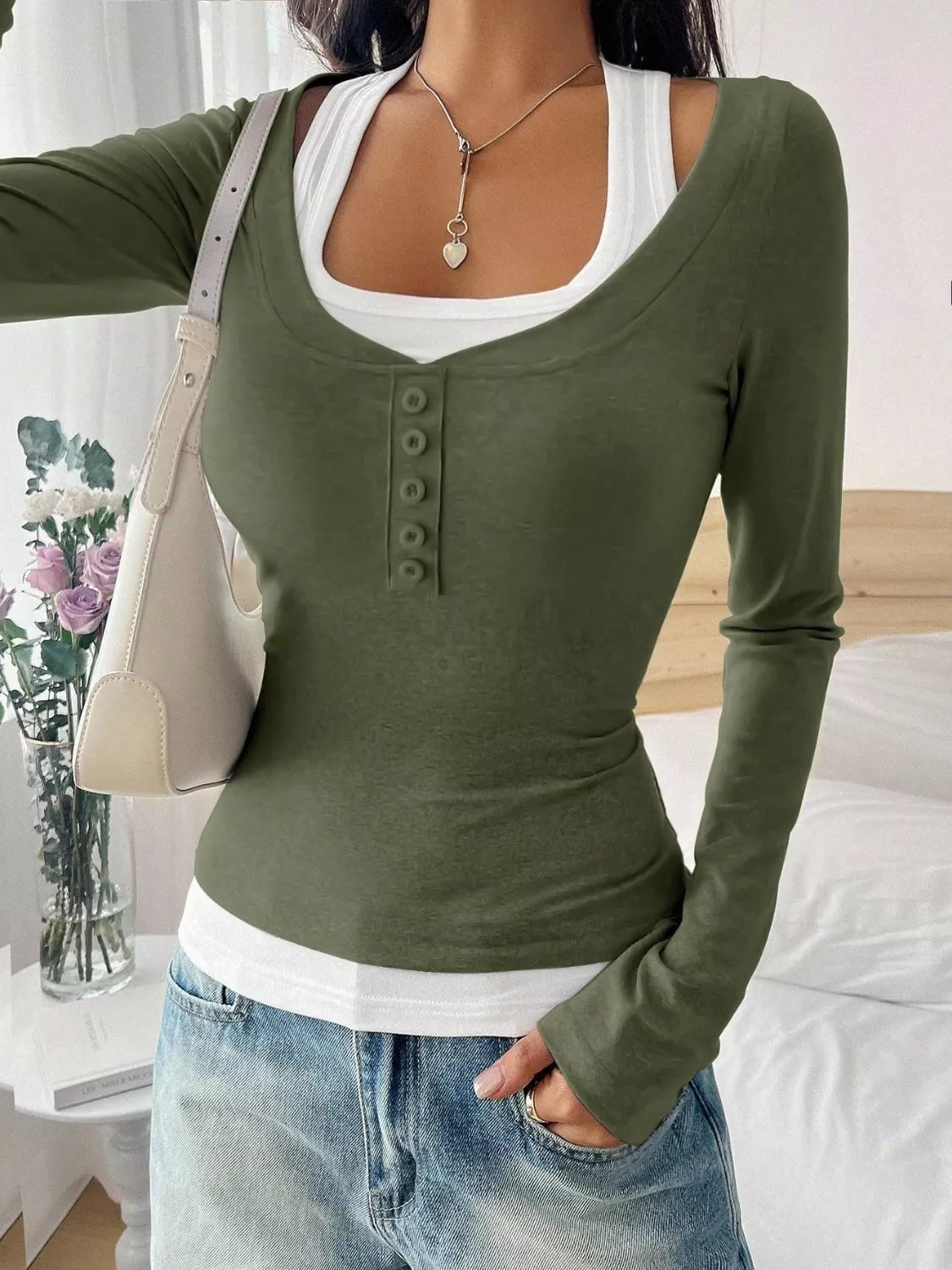 Contrast Long Sleeve Fake Two - Piece T-Shirt - ELC Fashion